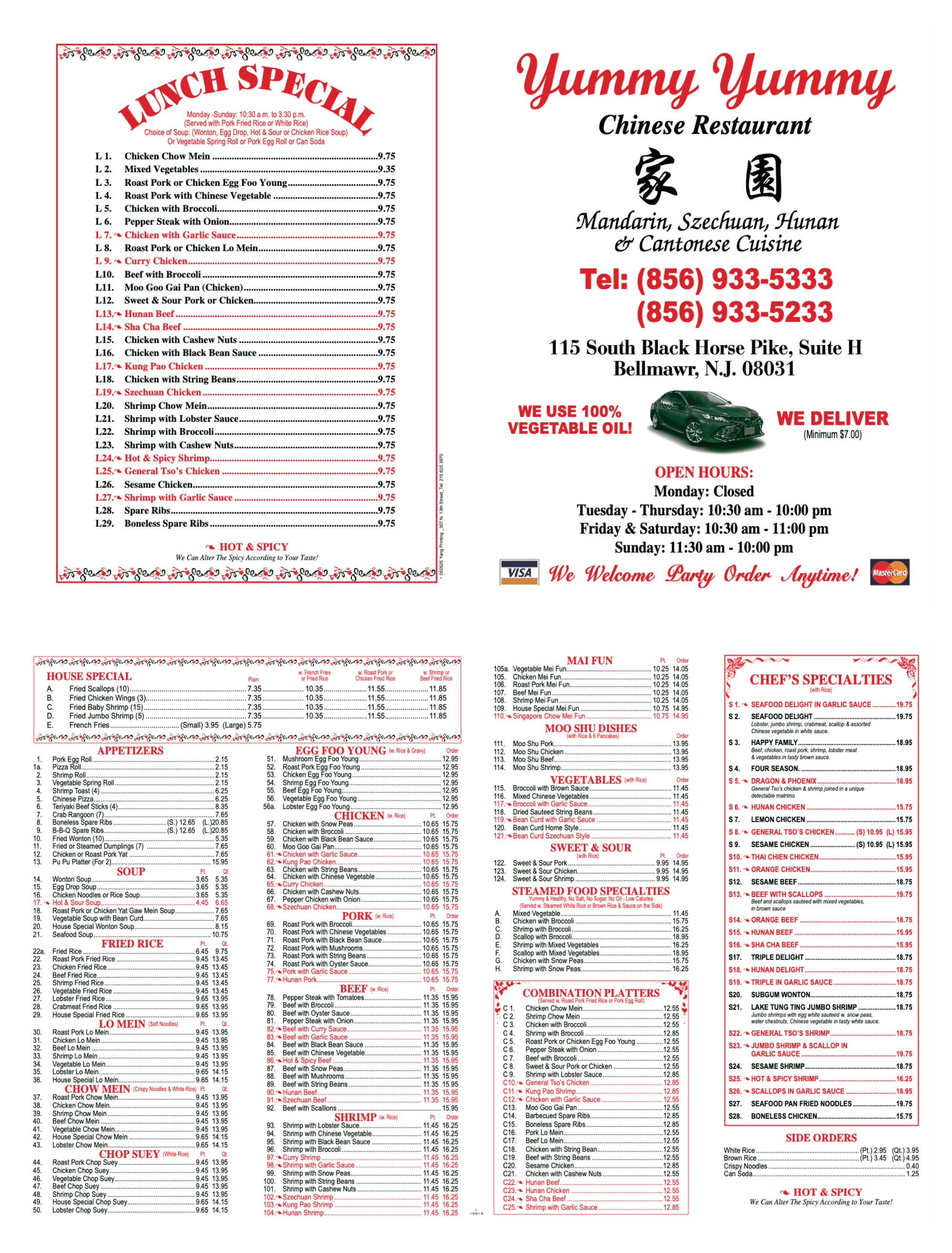 Yummy Yummy full menu with appetizers, soups, noodles, fried rice, chicken, beef, pork, seafood, chef specialties, combination platters, side orders, and party trays