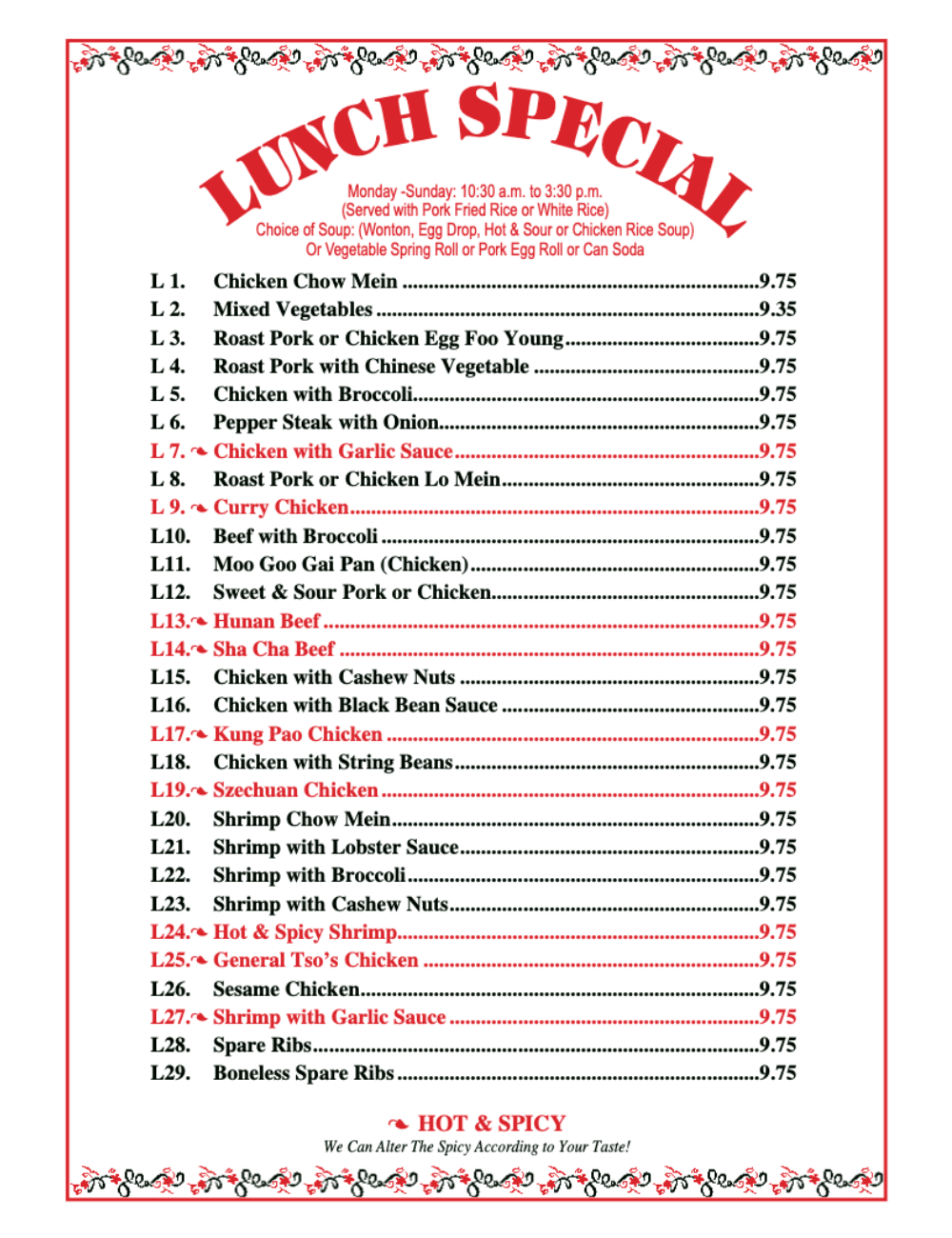 Yummy Yummy menu page 1 with appetizers, soups, chow mein, chop suey, fried rice, lo mein, and lunch specials