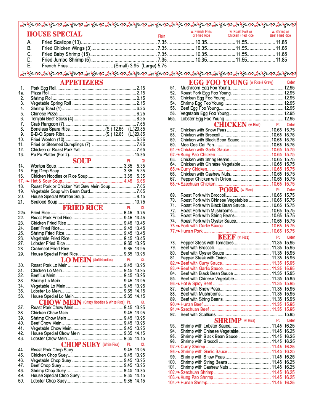 Yummy Yummy menu page 2 with chicken, beef, pork, seafood, vegetable dishes, and combination platters