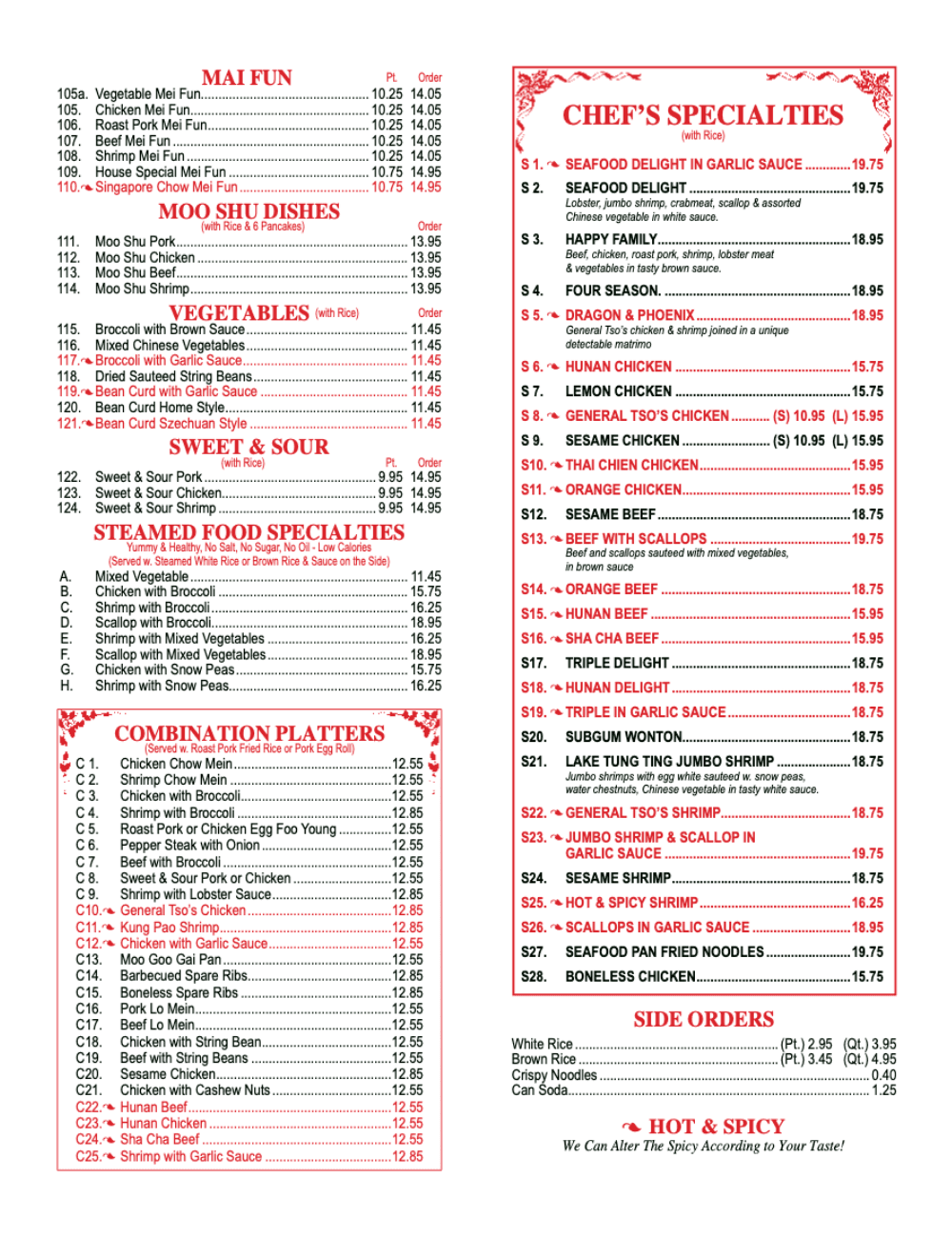 Yummy Yummy menu page 3 with chef specialties, diet menu, side orders, beverages, and party trays
