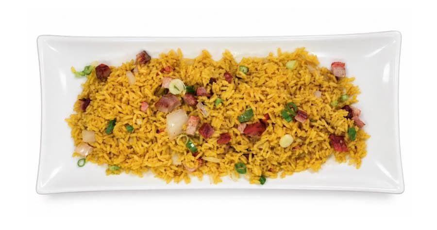 Pork fried rice in a ceramic bowl