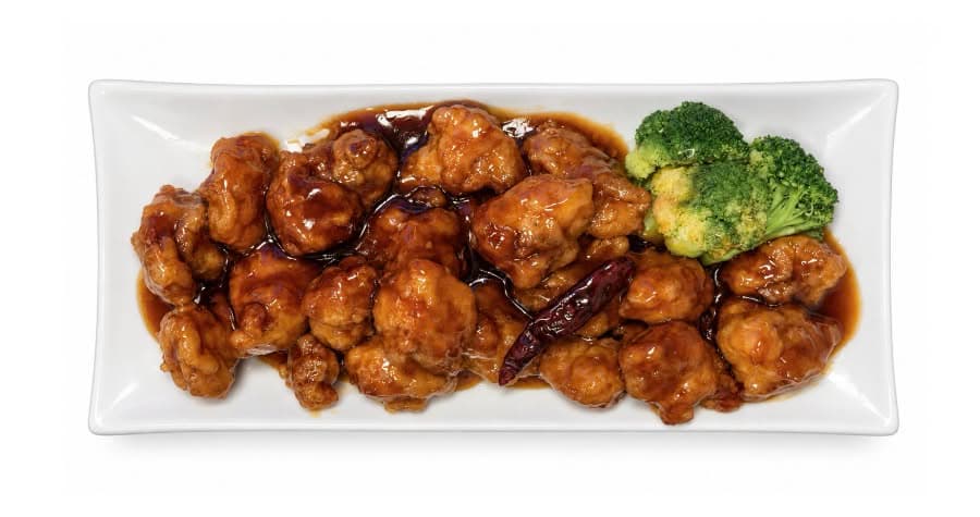 General Tso's chicken in a ceramic bowl