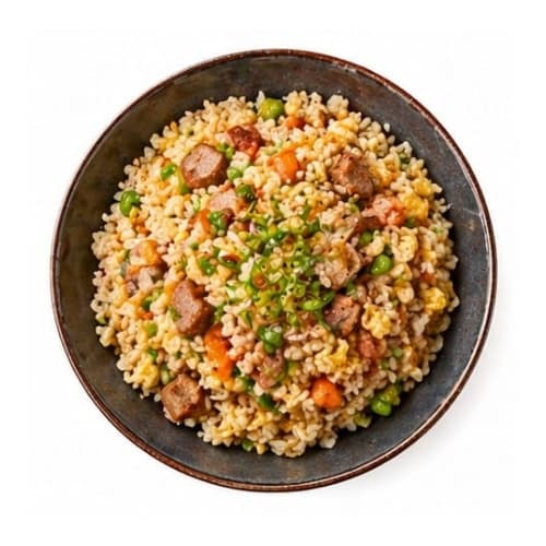 Pork fried rice in a ceramic bowl